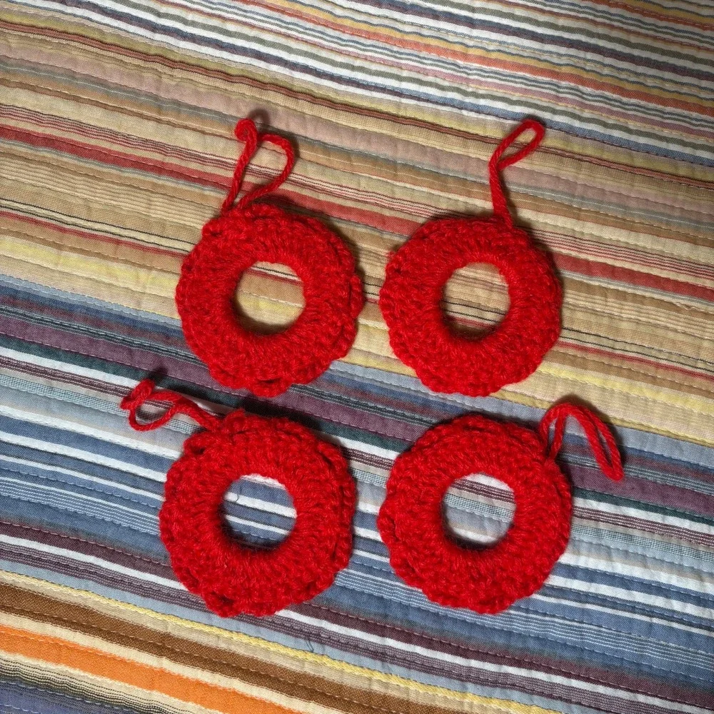 Handmade Crochet Christmas Ornaments Set of 8 Red Wreaths and Glitter Stars